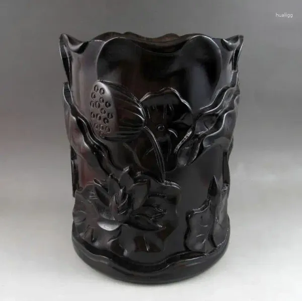 Garrafas China Collection Escultura em madeira Lotus Pen Container