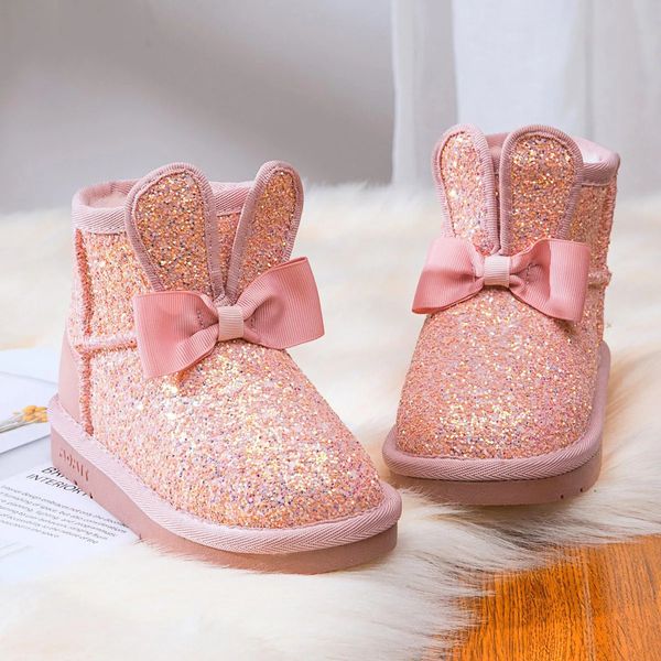 Stivali Stivali da neve per bambini ragazze pelliccia di coniglio caldo bambino scarpe sportive in cotone paillettes vera pelle moda principessa 231030