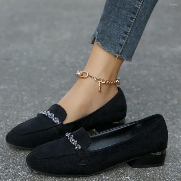 Kleid Schuhe Kristall Kette Flock Loafers Frauen Low Heels Espadrilles Schuh Ballerina Retor Quadratische Zehe Nubuk Samt Mokassins