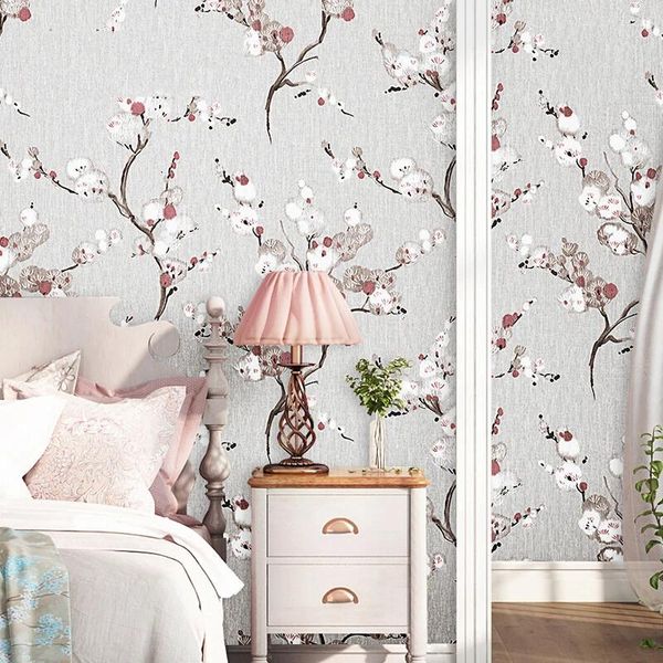 Tapeten Nordic Stil Pastoral 3D Geprägte Pflaume Blume Tapete Rosa Koreanische Blumen Wand Papier Für Wohnzimmer Schlafzimmer TV Hintergrund