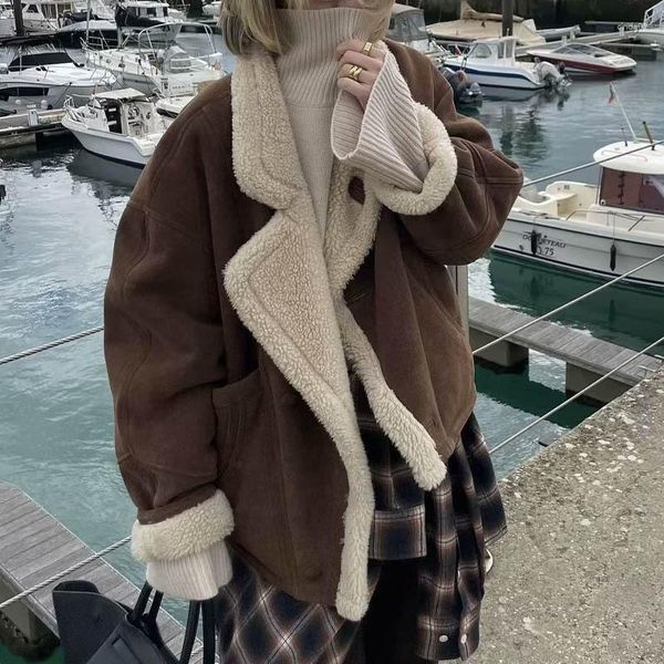 Cappotto da donna in pelliccia di agnello in pelle scamosciata vintage invernale da donna con risvolto a maniche lunghe in pelliccia con bottoni monopetto giacca calda capispalla allentato