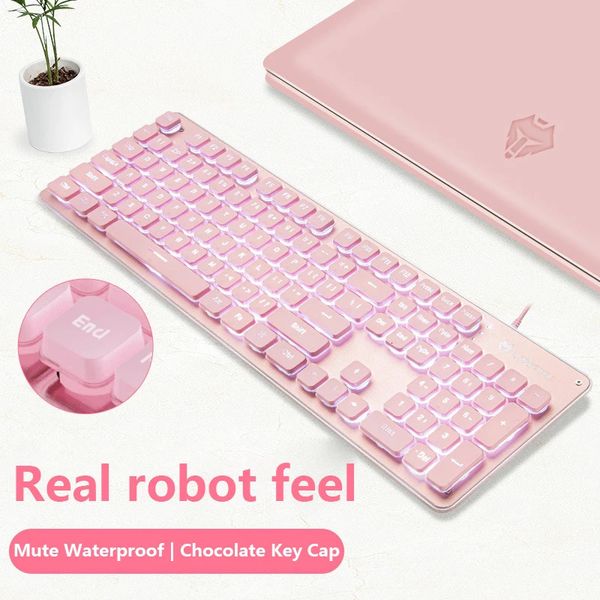 Teclados RGB Teclado de jogo com mouse conjunto rosa mudo filme silencioso bonito backlit periféricos de escritório adequados para laptop 231030