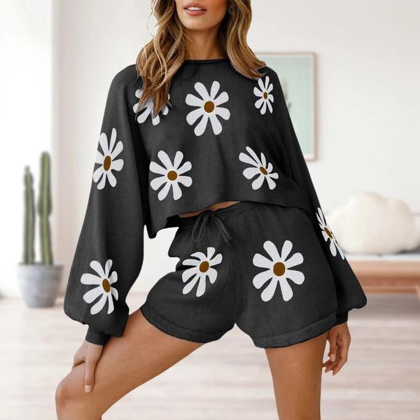 Calças femininas manga bufante verão 2 peças terno tripulação pescoço mulheres manga comprida top shorts padrão floral cintura elástica amarrar pijamas