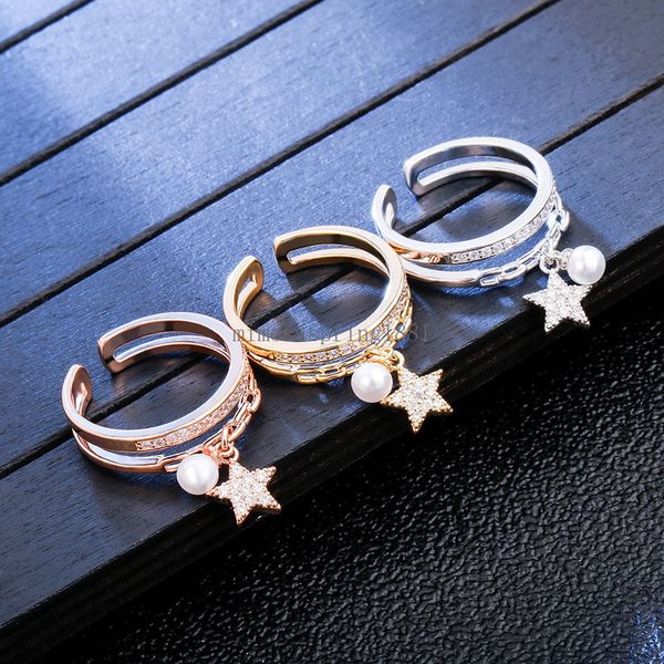 Модные кольца с подвеской в виде звезды и жемчуга для женщин, корейские изысканные кольца с цирконом CZ на открытый палец, вечерние ювелирные изделия, подарки, аксессуары, оптовая продажа