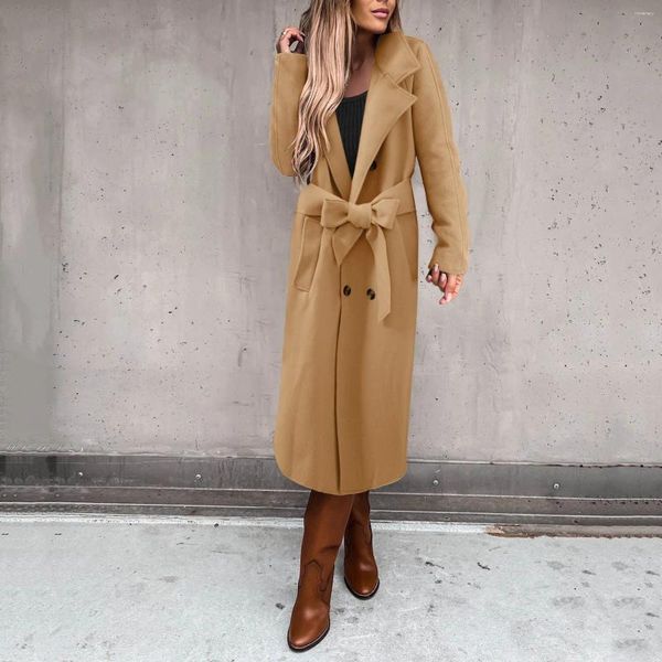 Casacos de Trench das Mulheres Elegantes Mulheres Overcoats 2023 Outono Inverno Fleece Bowknot Cinto Longo Casaco Moda High Street Double-breasted Slim