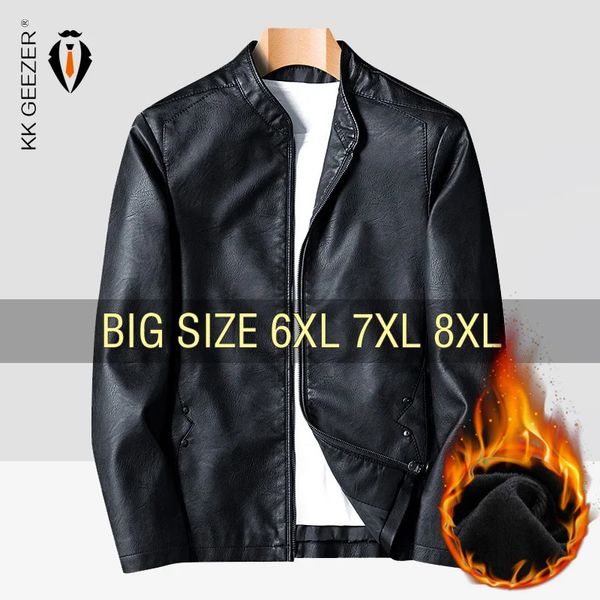 Мужская кожаная куртка из искусственного меха, мужская куртка-бомбер в стиле ретро, флисовая черная мотоциклетная куртка, большие размеры 6XL, 7XL, 8XL, фланелевые пальто, теплый комфорт, высокое качество 231027
