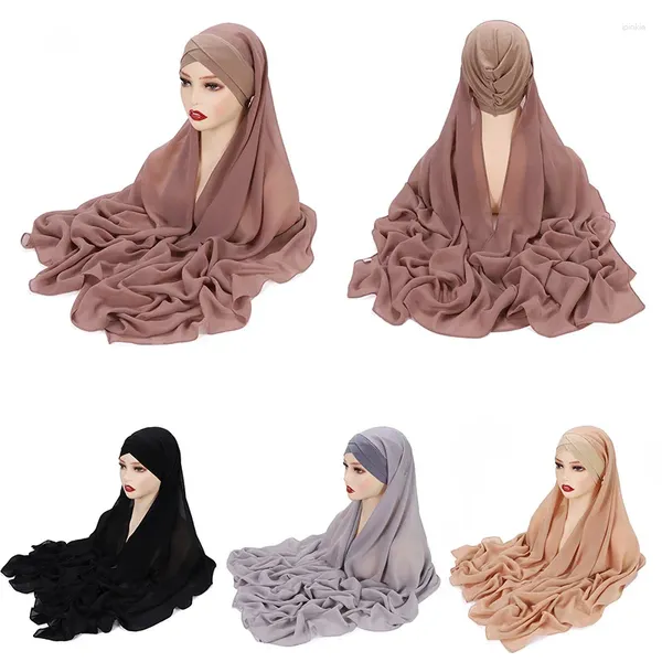 Abbigliamento etnico 2 in 1 Donna Hijab istantaneo Scialle in chiffon Cucito Cofano interno Tinta unita Copricapo Sciarpa musulmana Sciarpa islamica