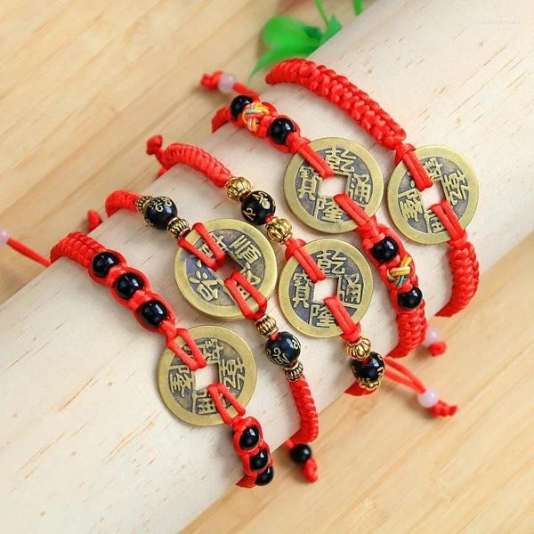 Braccialetti a maglie Lucky Five Imperatore Soldi Moneta di rame reale Bracciale con corda rossa intrecciata Fascino per uomini e donne Gioielli di buona fortuna