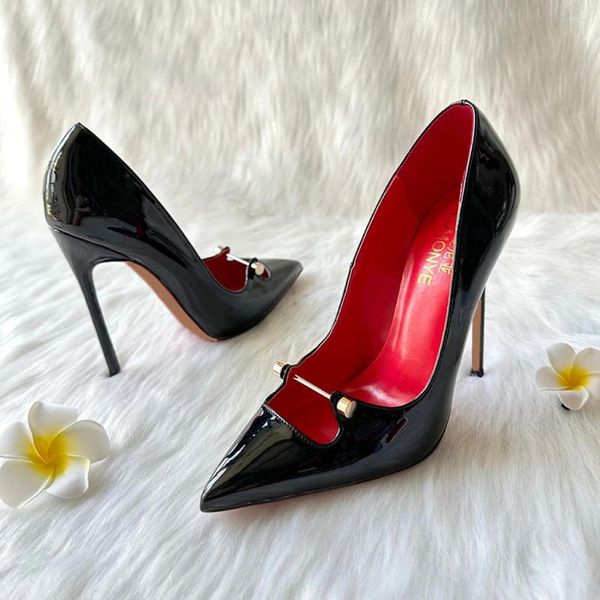 Модельные туфли, черные, белые, красные лакированные кожаные туфли с металлическим вырезом и открытым носком, женские туфли-лодочки на высоком каблуке 120 мм