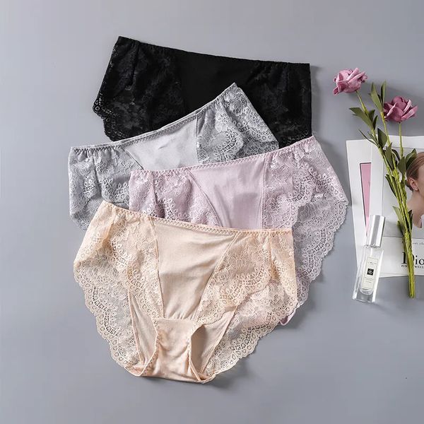 Calcinha feminina 4 pacote 100 seda real midde ascensão renda guarnição calcinha cuecas lingerie tamanho s m l xl 1035 231027