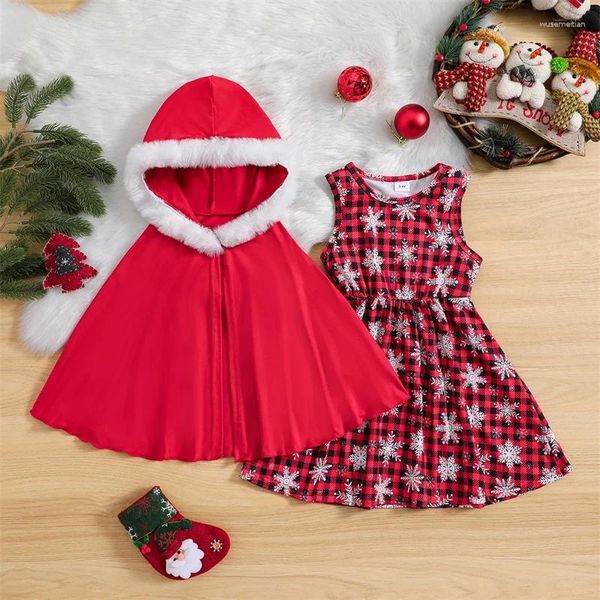 Conjuntos de roupas CitgeeAutumn Natal Crianças Meninas Outfits Xadrez Floco de Neve Imprimir Elástico Cintura Sem Mangas Vestido e Red Hooded Fall Xmas Set