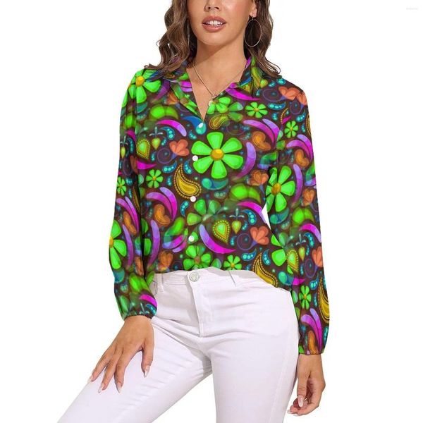 Camicette da donna Camicetta floreale verde Tribù retrò femminile Camicia carina a maniche lunghe allentata casual Top personalizzato Big Size 2XL 3XL