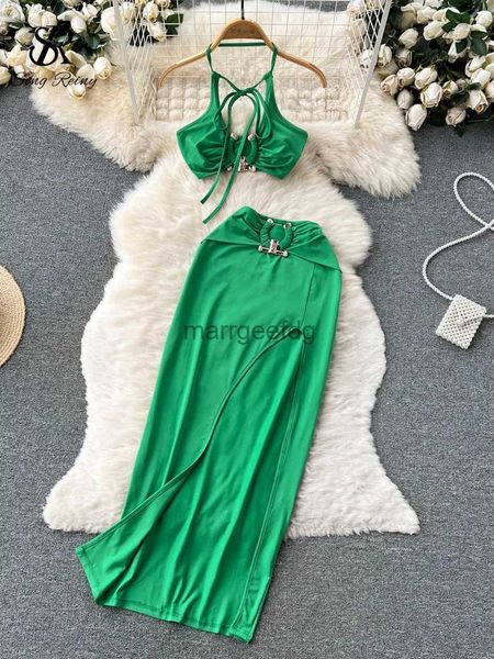 Grundlegende Freizeitkleider SINGREINY Frauen Split Sexy Zweiteilige Anzüge Neckholder Mini Camis + Hohe Taille, Figurbetontes Kleid Anzüge Sommer Mode Solide Mantel Sets YQ231030