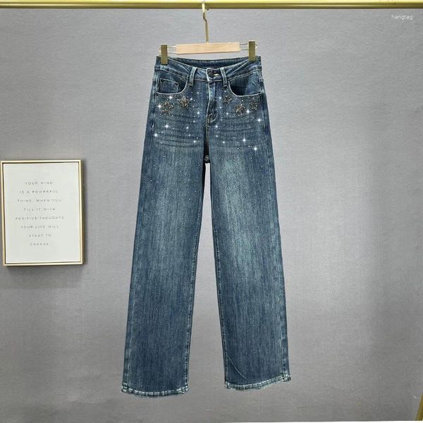 Frauen Jeans Strass Denim Breite Bein Hosen Hosen 2023 Herbst Hohe Taille Lose Plus Größe Jean Hosen Streetwear Frau