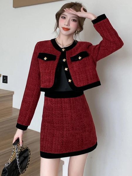 Arbeitskleider, elegantes Damen-Zweiteiler-Set, roter Tweed, kurze Jacke, Mantel, Herbst-Winter, hohe Taille, Miniröcke, Vintage-Büro-Dame, modische Outfits