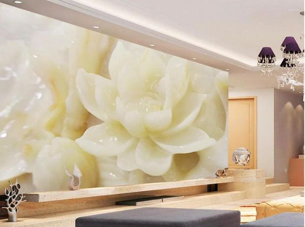 Wallpapers 3D Mural Designs Murais Chineses Papel de Parede Jade Lotus Relief TV Backdrop Decoração de Casa