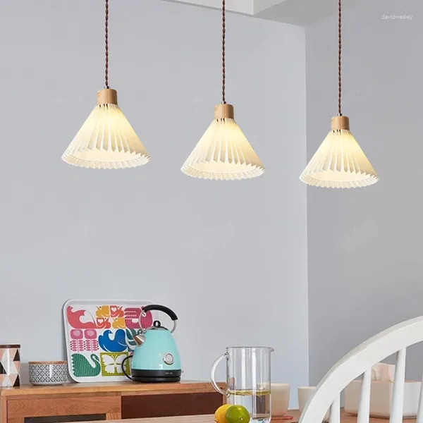 Anhänger Lampen Nordic Plissee Lichter Moderne Holz Hängen Lampe Für Wohnzimmer Dekor Küche Leuchten Schlafzimmer Nacht Hause