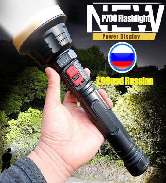 Lanternas Tochas Super 100000LM LED P700 USB Recarregável Tactical Flash Light Long Range 1000m Tocha À Prova D 'Água Camping Mão L6459735