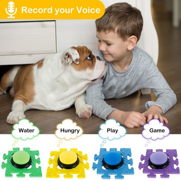 Hundespielzeug Kauspielzeug, 4 Stück, sprechendes Tastenspielzeug für Hunde, beschreibbare Trainingstasten für Hunde, sprechender Hundesummer mit Anti-Rutsch-Pad, Intelligenzspielzeug 231030