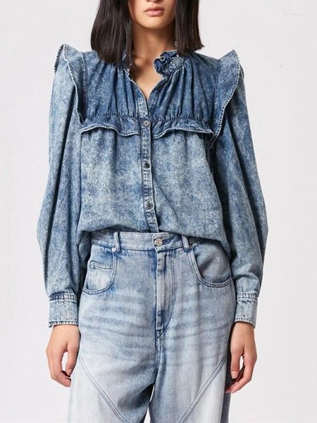 Blusas femininas de algodão denim camisa gola única blusa retro para feminino babados manga voadora superior primavera 2023