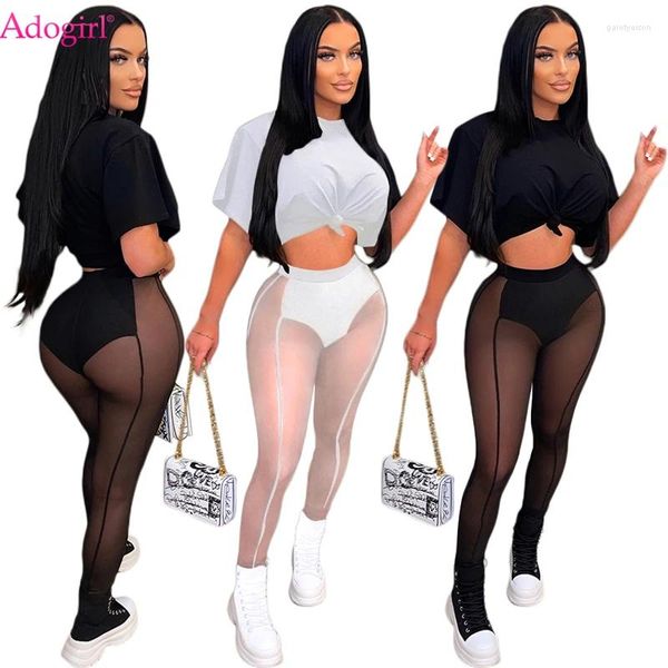 Pantaloni a due pezzi da donna Adogirl 2 set Abiti sexy da donna 2023 T-shirt estiva a maniche corte Crop Top Leggings in maglia trasparente Abbigliamento da night club