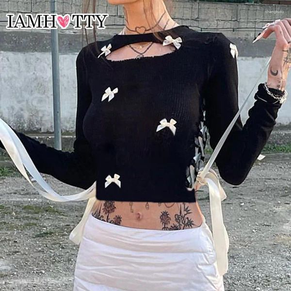 Damen T-Shirts IAMTY Kawaii Multi Bow Side Contrast Ribbons Schnür-Cropped Top Schwarz Kokette Sexy Cut Out Slim Waffel T-Shirt Chic