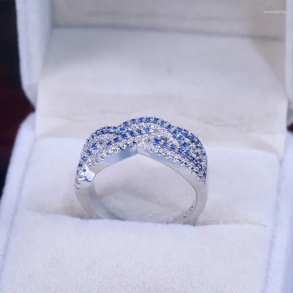 Anelli a grappolo Creativo Alla moda Argento placcato Croce Spago per le donne Brillare Blu Bianco CZ Pietra Intarsio Gioelleria raffinata e alla moda Anello regalo per feste