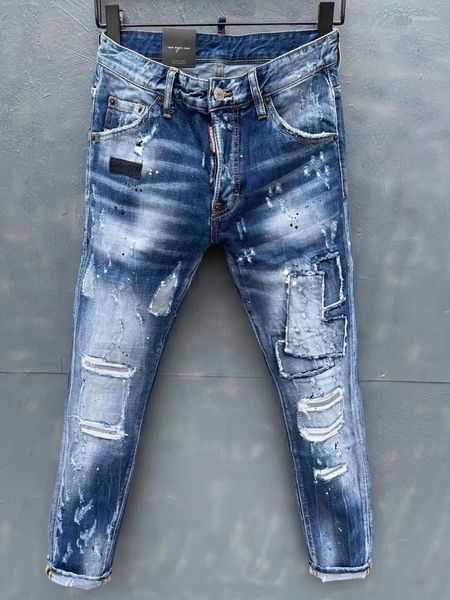 Jeans masculinos 2023 skinny com buracos em tinta spray stretch azul costura mendigo calças