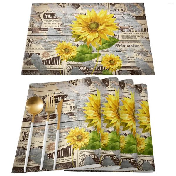 Tapetes de mesa girassol vintage spaper madeira grão placemat festa de casamento jantar decoração tapete de linho acessórios de cozinha guardanapo