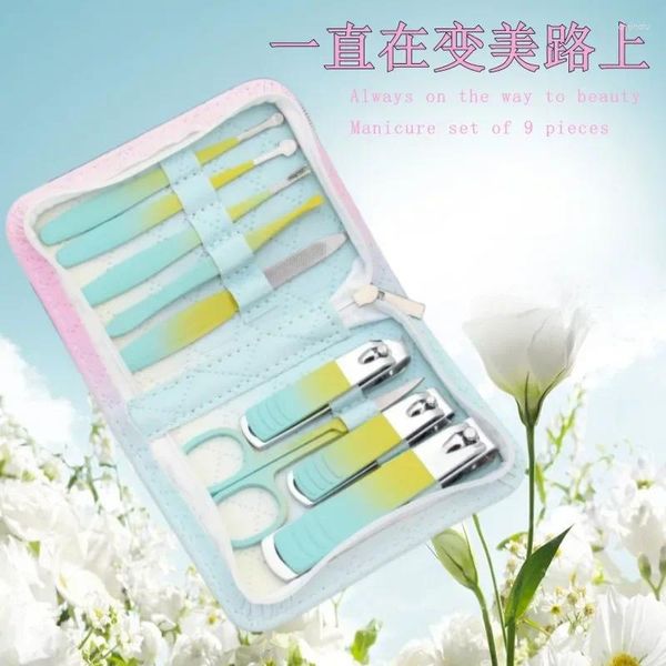 Nail Art Kits Edelstahl-Werkzeugset zum Trimmen von Zehennägeln, große Clippers, Augenbrauen, bunt, 9-teilig, tragbar