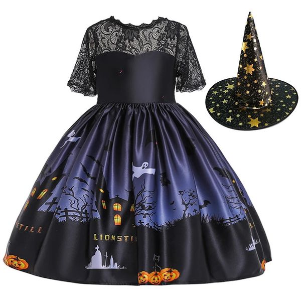 Meninas vestidos vestido traje de halloween para crianças menina festa crianças abóbora renda bruxa impressa cosplay princesa 231030