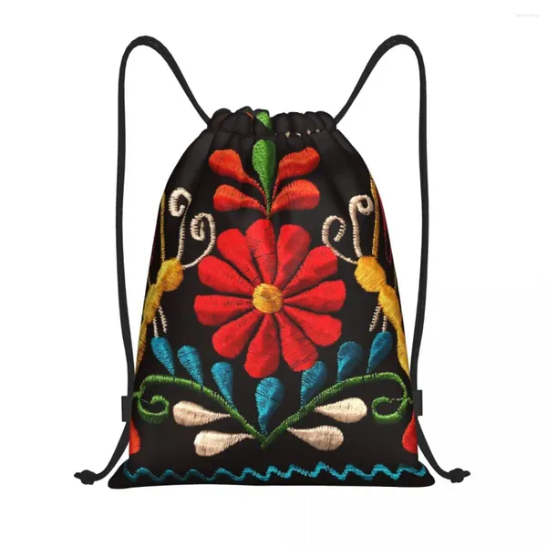 Sacos de compras Borboletas mexicanas e uma flor vermelha cordão mochila esportes saco de ginásio para mulheres homens colorido saco de treinamento tradicional