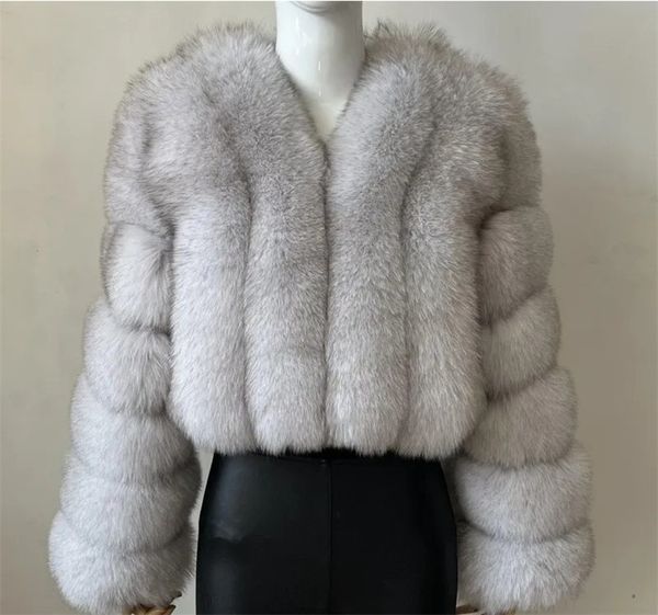 Cappotto di pelliccia di volpe imitazione da donna per donna Scollo a V Splice Cappotti corti Ragazze Abiti invernali caldi Moda Abbigliamento di lusso Europeo americano Nuovo