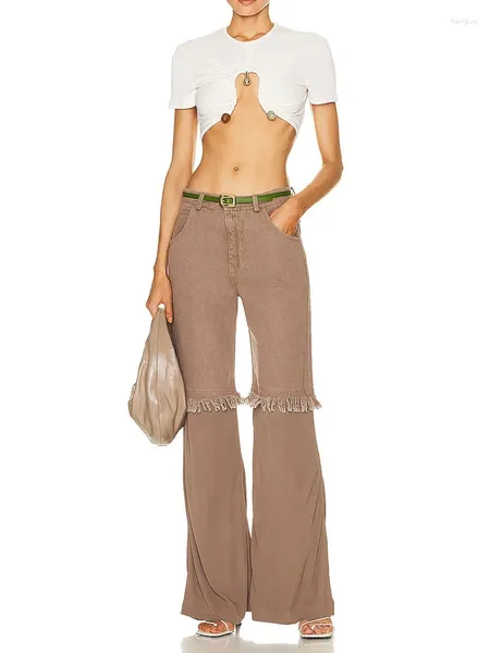 Женские джинсы Y2k, весенне-летняя стирка, лоскутная меховая отделка, джинсовая ткань 2023, модные прямые широкие брюки с низкой талией, хлопковые женские брюки