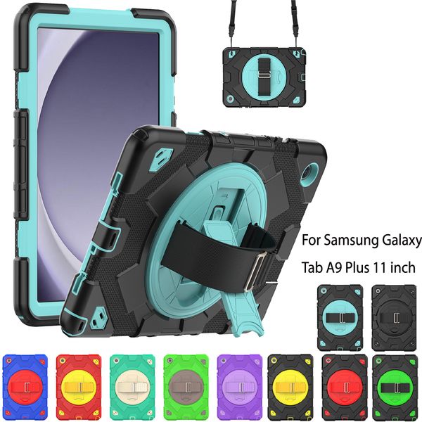 Capa com alça de mão com suporte giratório 360 para Samsung Galaxy Tab A9 Plus 11 polegadas A9plus Hybrid Armor Capa protetora para tablet infantil Capas à prova de choque com filme de tela PET