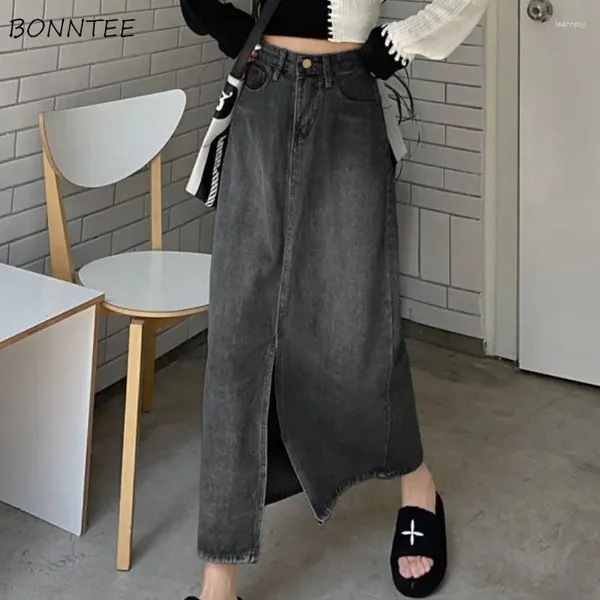 Saias denim maxi mulheres irregular frente-slit vintage cintura alta baggy estética verão streetwear legal mujer harajuku diário 2023