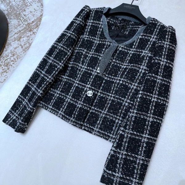 Giubbotti da donna 2023 Autunno Piccolo Profumato Corto di Lana Classico Plaid Cappotto di Tweed Retro Bowtie Manica a Bolla Outwear