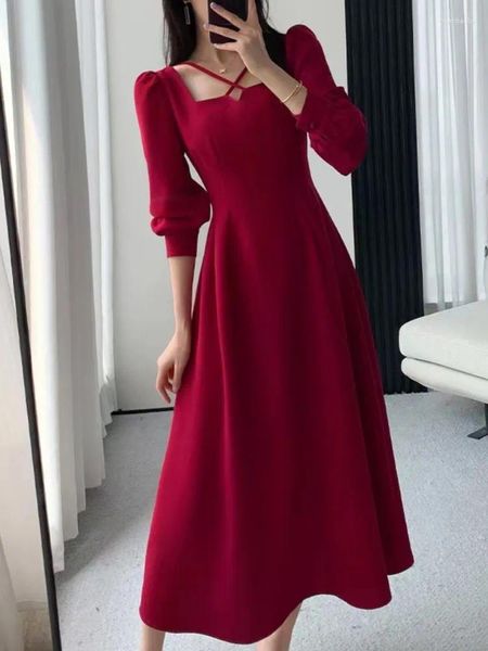 Повседневные платья, корейское модное женское винтажное вечернее платье трапециевидной формы, элегантное и шикарное однотонное цельное платье на день рождения, Vestidos, красный женский халат для выпускного вечера