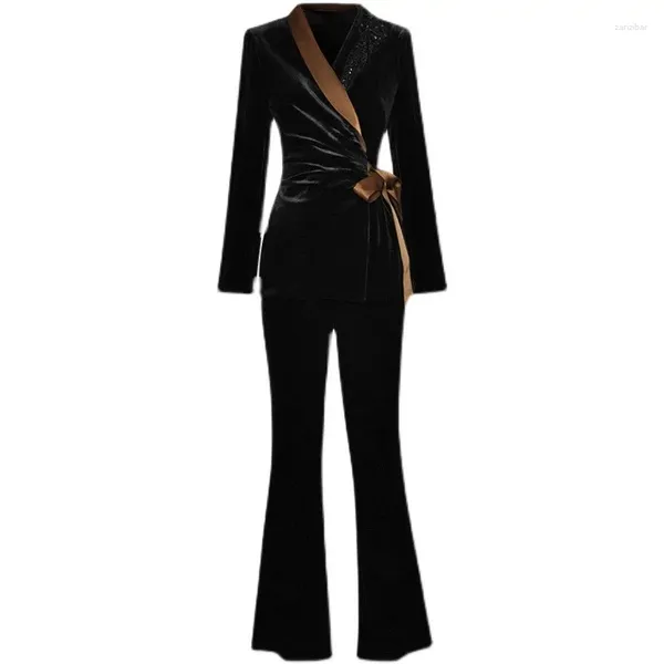 Женские брюки из двух предметов, модный подиумный весенне-зимний женский пояс с бантом и длинными рукавами, черный бархатный топ и комплект расклешенных деталей