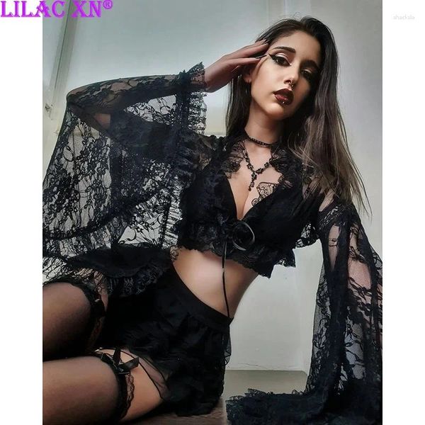 Mulheres Camisetas Goth Black Floral Lace Malha Ver através de Blusa para Mulheres Crop Top Y2K Sexy Manga Flared Lace-up T-shirt Blusas Cosplay