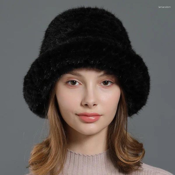 Berets Mink Wool Woven Basin Hat Top para mulheres na tendência da moda de pele de inverno