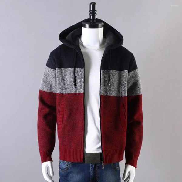 Camisolas masculinas Homens Inverno Outono Camisola Jaqueta Colorblock Malha Com Capuz Cordão Grosso Quente Zíper Fechamento Mid Comprimento Cardigan Casaco