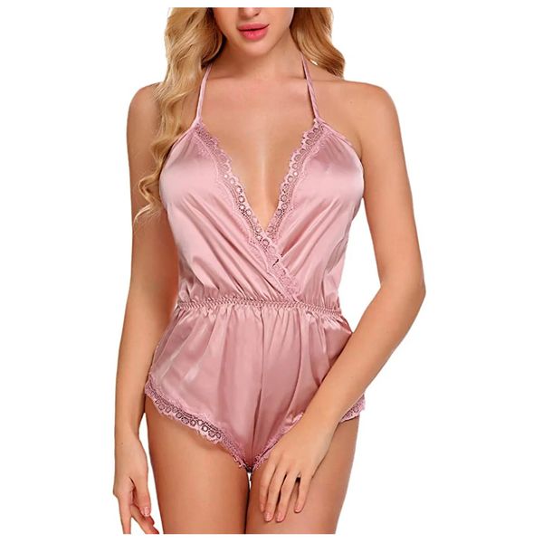 Sexy Set Porno Tiefer V-Ausschnitt Bodysuit Sexy Damen Satin Seide Spitze Unterwäsche Sexy Dessous Mode Nachtwäsche Erotische Kostüme Mujer Sex Teddy 231030