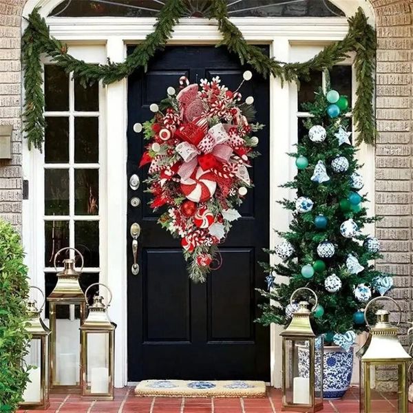 Flores decorativas porta da frente fontes de festa festiva pendurado guirlanda guirlanda doces cana arco ornamento natal parede decorações para casa
