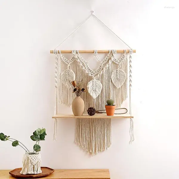 Tapeçarias Bohemian Macrame Parede Pendurada Prateleiras Boho Decorativa Rústica Madeira Plantas Flutuantes com Corda de Tecido Artesanal Casa