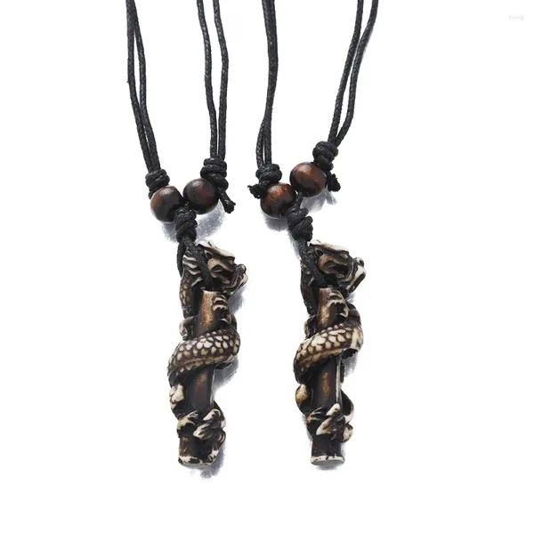 Anhänger Halsketten Vintage Ethnischen Stil Harz Drachen Säule Für Männer Tribal Schmuck Halskette Mit Holzperlen Einstellbare Wachs Seil