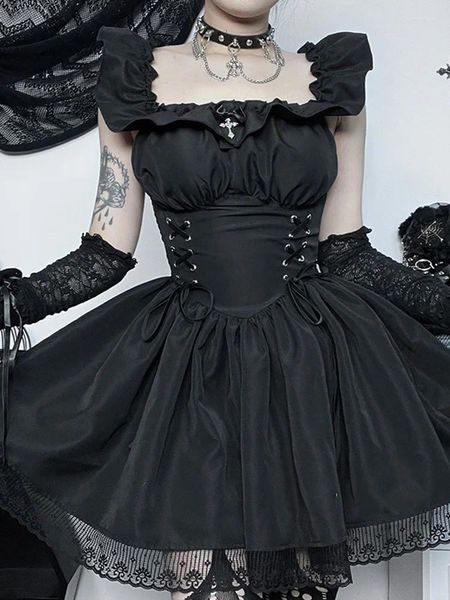 Abiti casuali Lolita Gothic A-line Corset Mini Goth Egirl Grunge Off Outfit a spalla Donne Sexy Lace Hem Attre