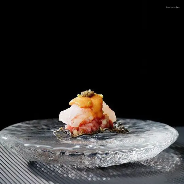 Plakalar Retro Şeffaf Özel Buz Şeklinde Buz benzeri Hafif Hafif Cam Plaka Yuvarlak Çekiç Sanatsal Gözleme Yemek Yemek