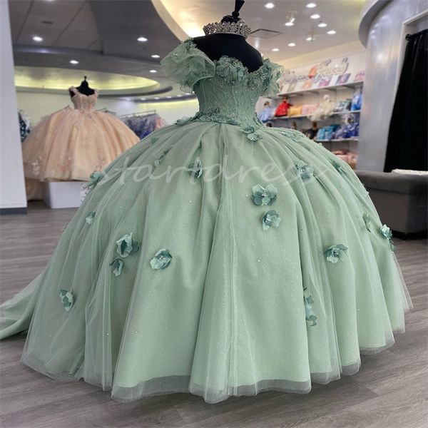 Красивые зеленые платья Quinceanera 2024 с 3D цветочным принтом и рукавами на шнуровке, расшитое бисером платье для выпускного вечера, пушистое платье Xv Vestido De 15 Anos для вечеринки по случаю дня рождения, женские платья Vestidos de Para