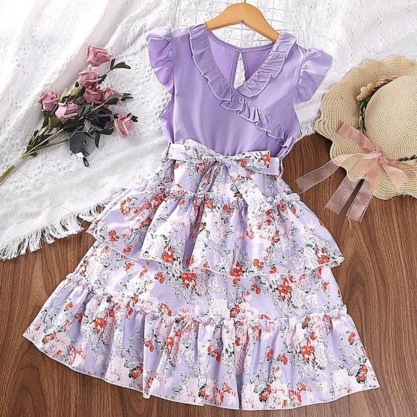 Mädchen Kleider 2023 Sommer Ankunft Mädchen Ärmellose V-ausschnitt Rüschen Schärpen Floral Rot Roupa Infantil Menina Nette Party Kleid Custume 7-12T